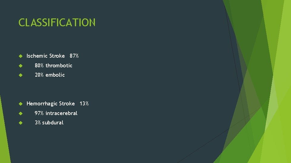 CLASSIFICATION Ischemic Stroke 87% 80% thrombotic 20% embolic Hemorrhagic Stroke 13% 97% intracerebral 3%