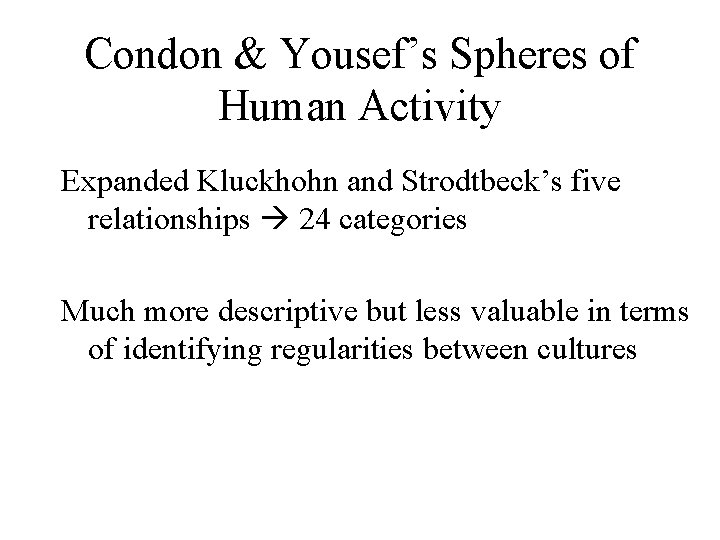 Condon & Yousef’s Spheres of Human Activity Expanded Kluckhohn and Strodtbeck’s five relationships 24