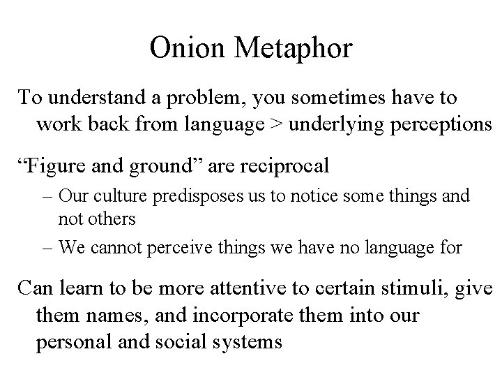 Onion Metaphor To understand a problem, you sometimes have to work back from language