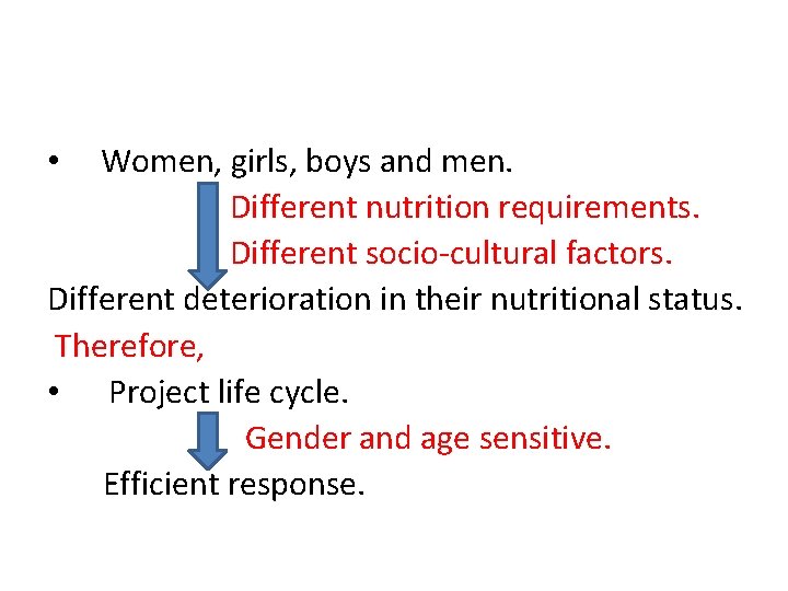  • Women, girls, boys and men. Different nutrition requirements. Different socio-cultural factors. Different