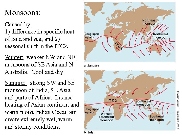 Monsoons: Caused by: 1) difference in specific heat of land sea; and 2) seasonal