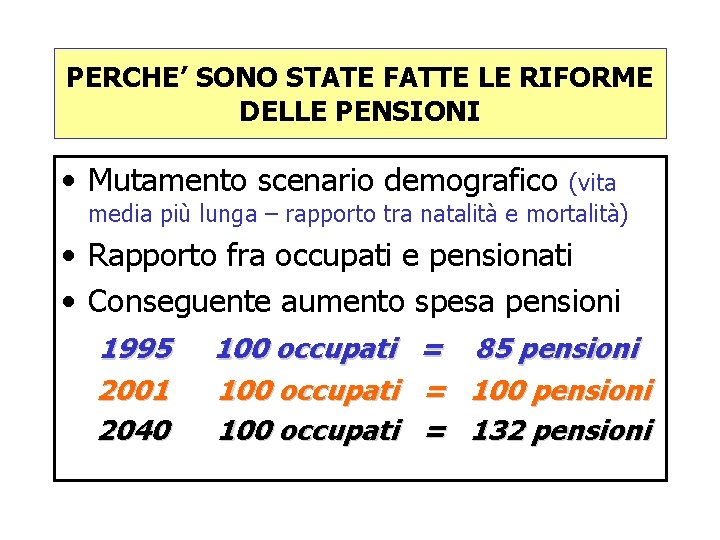 PERCHE’ SONO STATE FATTE LE RIFORME DELLE PENSIONI • Mutamento scenario demografico (vita media