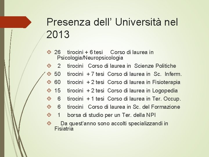Presenza dell’ Università nel 2013 26 tirocini + 6 tesi Corso di laurea in