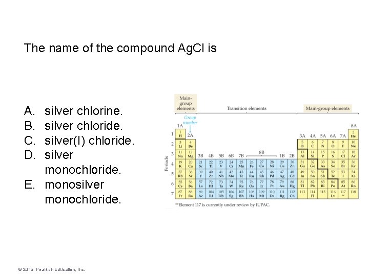 The name of the compound Ag. Cl is A. B. C. D. silver chlorine.