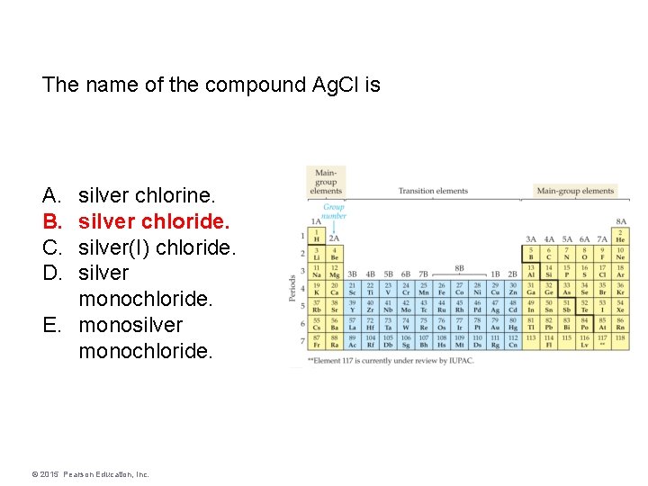 The name of the compound Ag. Cl is A. B. C. D. silver chlorine.