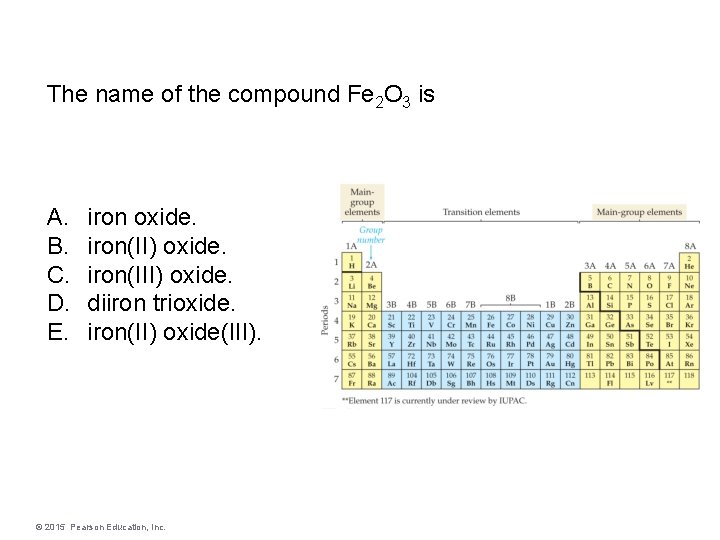 The name of the compound Fe 2 O 3 is A. B. C. D.