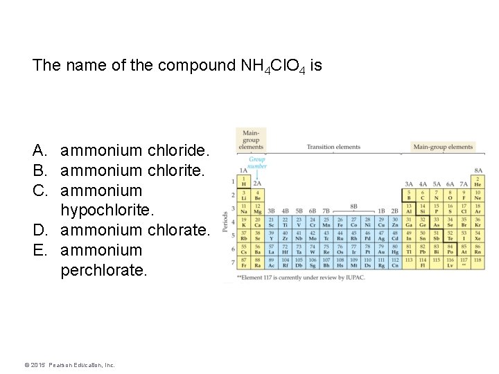 The name of the compound NH 4 Cl. O 4 is A. ammonium chloride.