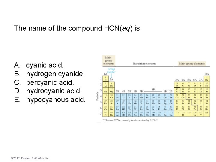 The name of the compound HCN(aq) is A. B. C. D. E. cyanic acid.