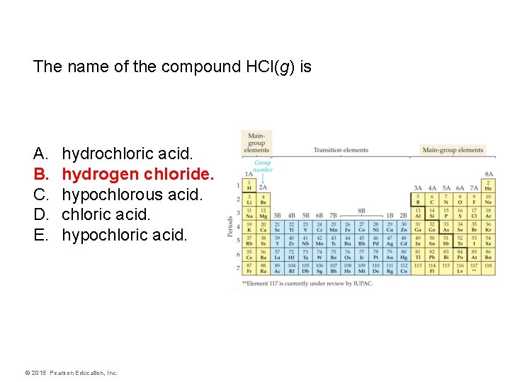 The name of the compound HCl(g) is A. B. C. D. E. hydrochloric acid.