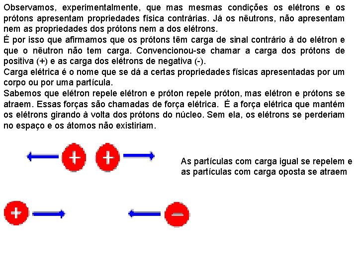 Observamos, experimentalmente, que mas mesmas condições os elétrons e os prótons apresentam propriedades física