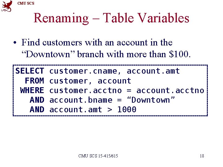 CMU SCS Renaming – Table Variables • Find customers with an account in the