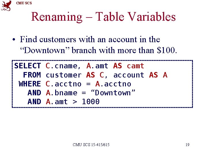 CMU SCS Renaming – Table Variables • Find customers with an account in the