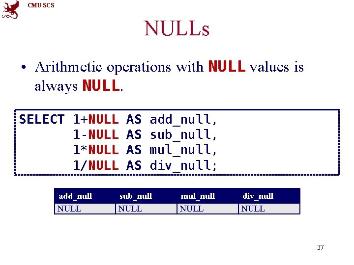 CMU SCS NULLs • Arithmetic operations with NULL values is always NULL. SELECT 1+NULL