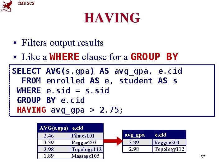 CMU SCS HAVING • Filters output results • Like a WHERE clause for a