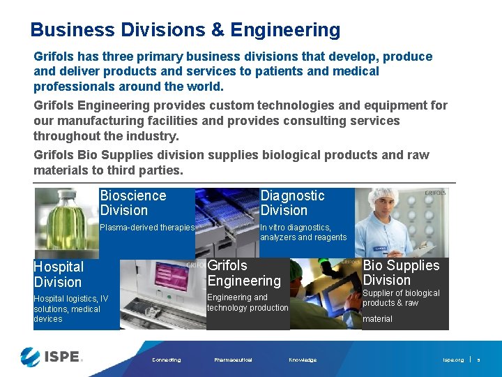 Business Divisions & Engineering Grifols has three primary business divisions that develop, produce and