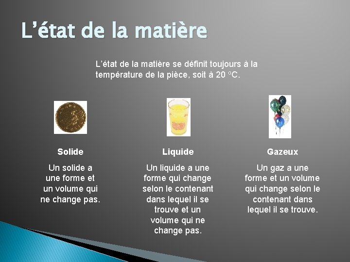L’état de la matière se définit toujours à la température de la pièce, soit L’état de la matière se définit toujours à la température de la pièce, soit