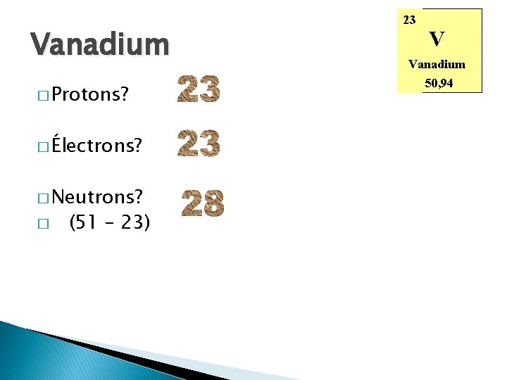 Vanadium � Protons? � Électrons? � Neutrons? � (51 – 23) 23 V Vanadium Vanadium � Protons? � Électrons? � Neutrons? � (51 – 23) 23 V Vanadium