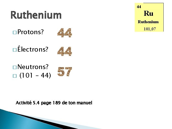 Ruthenium � Protons? � Électrons? � Neutrons? � (101 – 44) Activité 5. 4 Ruthenium � Protons? � Électrons? � Neutrons? � (101 – 44) Activité 5. 4