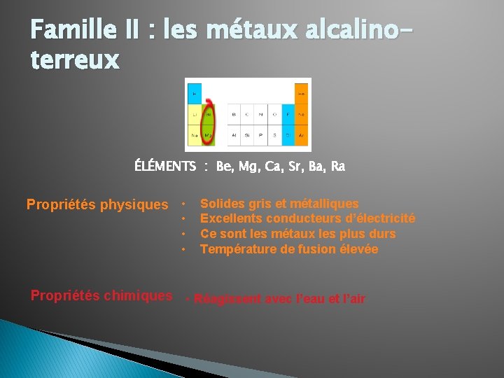 Famille II : les métaux alcalinoterreux ÉLÉMENTS : Be, Mg, Ca, Sr, Ba, Ra Famille II : les métaux alcalinoterreux ÉLÉMENTS : Be, Mg, Ca, Sr, Ba, Ra
