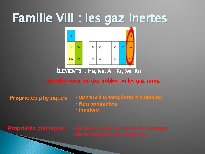 Famille VIII : les gaz inertes ÉLÉMENTS : He, Ne, Ar, Kr, Xe, Rn Famille VIII : les gaz inertes ÉLÉMENTS : He, Ne, Ar, Kr, Xe, Rn