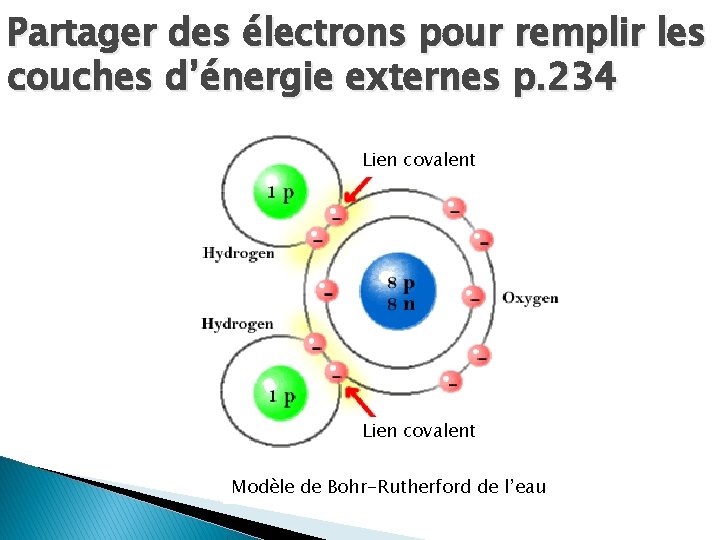 Partager des électrons pour remplir les couches d’énergie externes p. 234 Lien covalent Modèle Partager des électrons pour remplir les couches d’énergie externes p. 234 Lien covalent Modèle