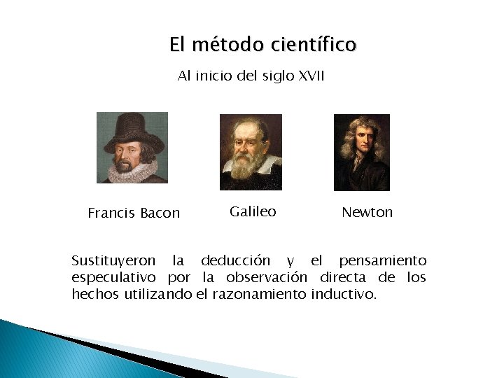 El método científico Al inicio del siglo XVII Francis Bacon Galileo Newton Sustituyeron la