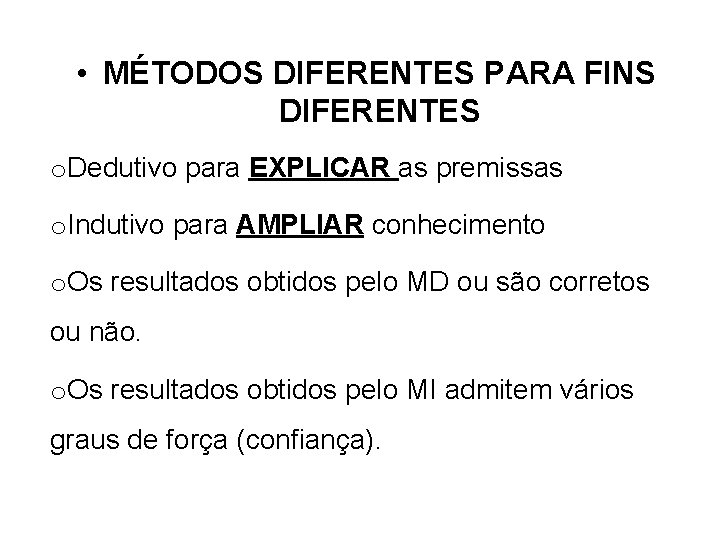  • MÉTODOS DIFERENTES PARA FINS DIFERENTES o. Dedutivo para EXPLICAR as premissas o.