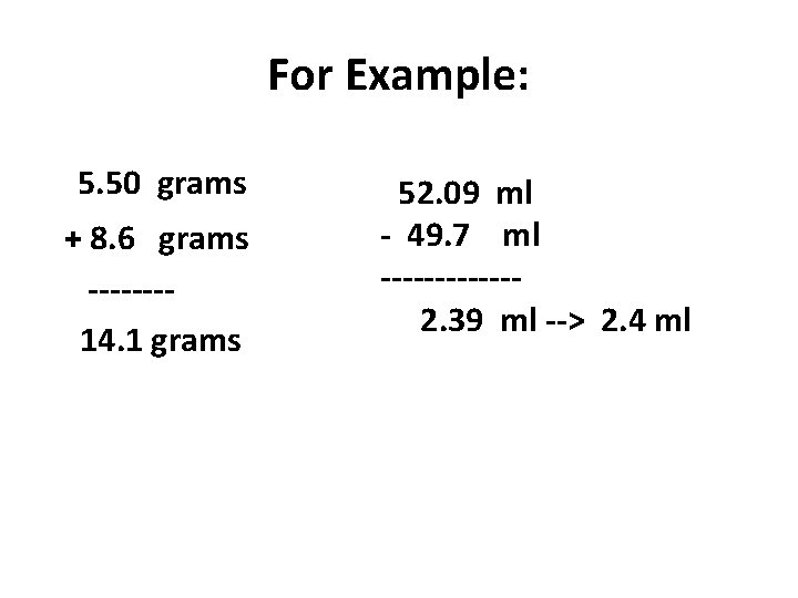 For Example: 5. 50 grams + 8. 6 grams -------14. 1 grams 52. 09