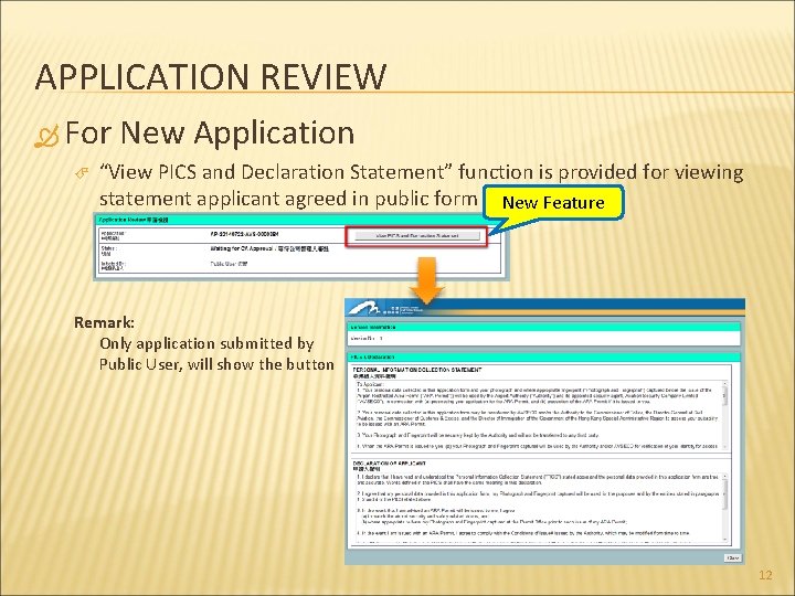 APPLICATION REVIEW For New Application “View PICS and Declaration Statement” function is provided for