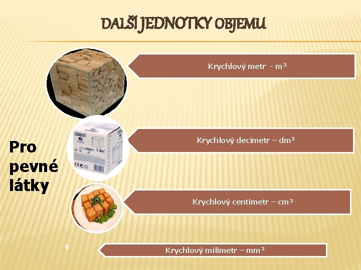 DALŠÍ JEDNOTKY OBJEMU Krychlový metr - m 3 Pro pevné látky Krychlový decimetr –