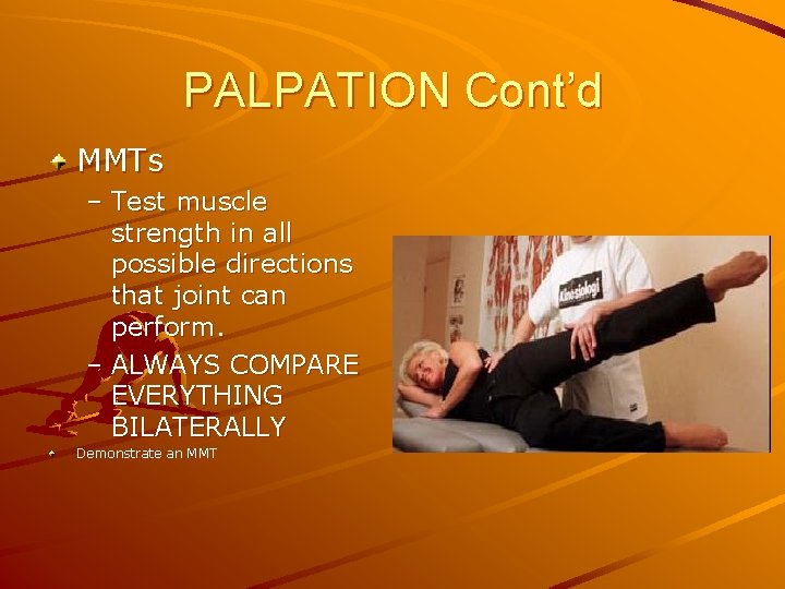 PALPATION Cont’d MMTs – Test muscle strength in all possible directions that joint can