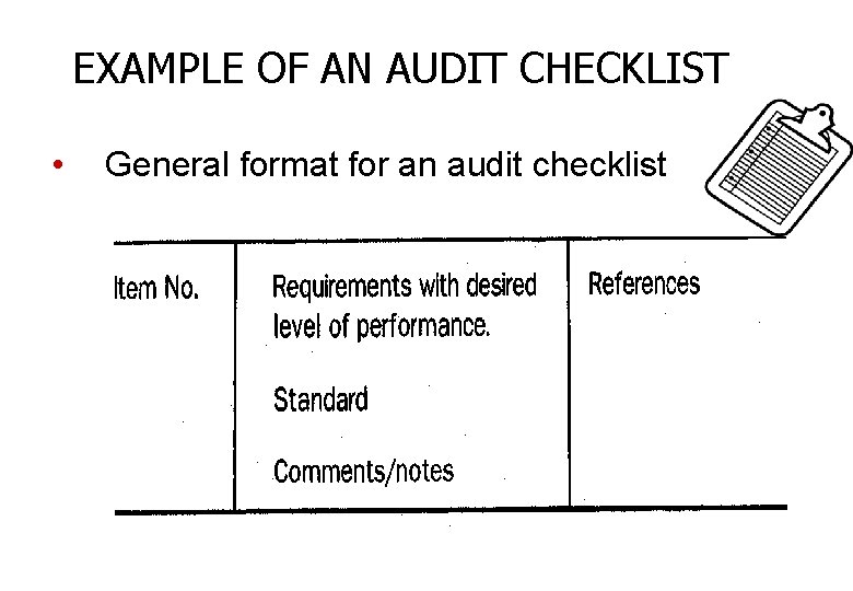 EXAMPLE OF AN AUDIT CHECKLIST • General format for an audit checklist 