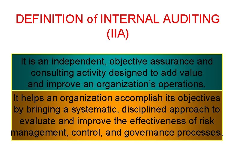 DEFINITION of INTERNAL AUDITING (IIA) It is an independent, objective assurance and consulting activity