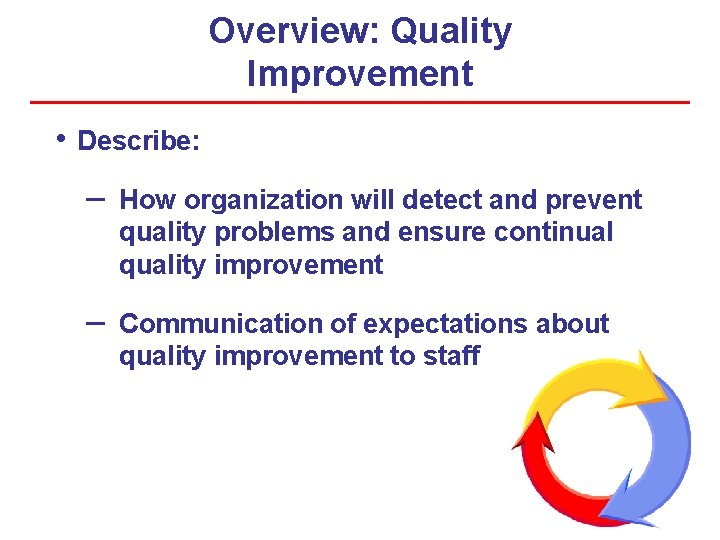 Overview: Quality Improvement • Describe: – How organization will detect and prevent quality problems