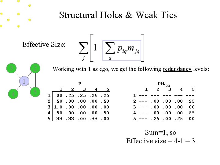 Structural Holes & Weak Ties Effective Size: 3 2 Working with 1 as ego,