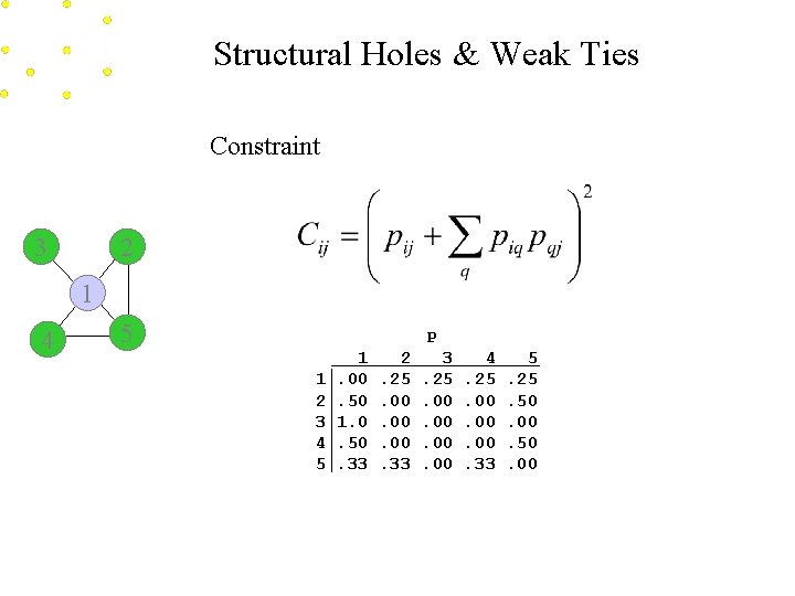 Structural Holes & Weak Ties Constraint 3 2 1 4 5 P 1 2