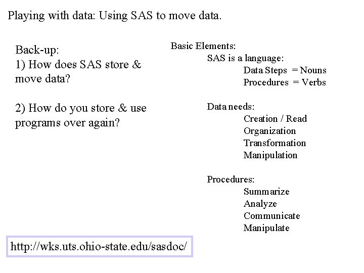 Playing with data: Using SAS to move data. Back-up: 1) How does SAS store