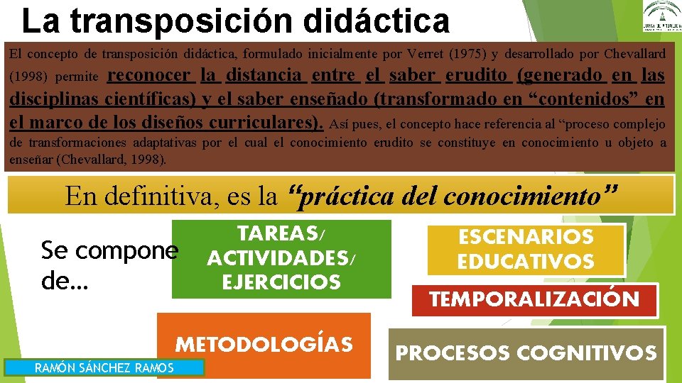 La transposición didáctica El concepto de transposición didáctica, formulado inicialmente por Verret (1975) y