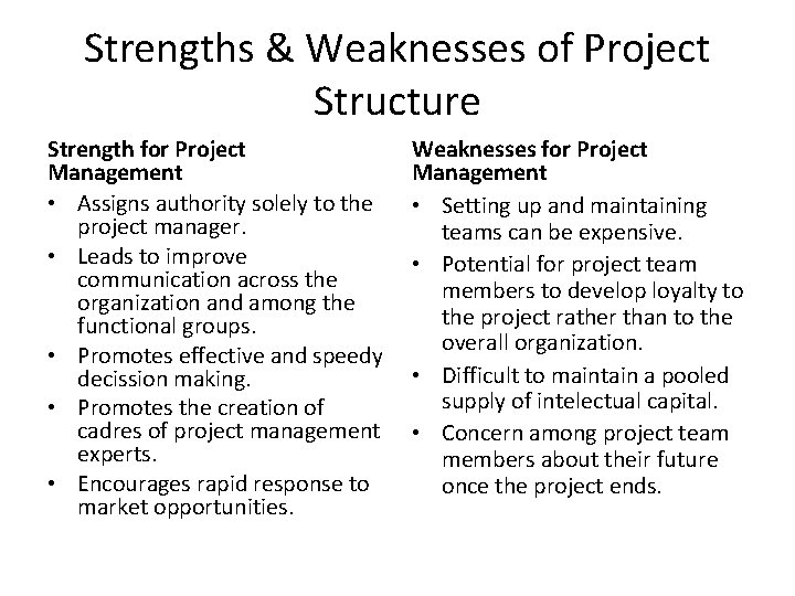 Strengths & Weaknesses of Project Structure Strength for Project Management • Assigns authority solely