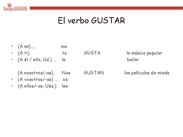 El verbo GUSTAR • • • (A mí) … (A ti) (A él /