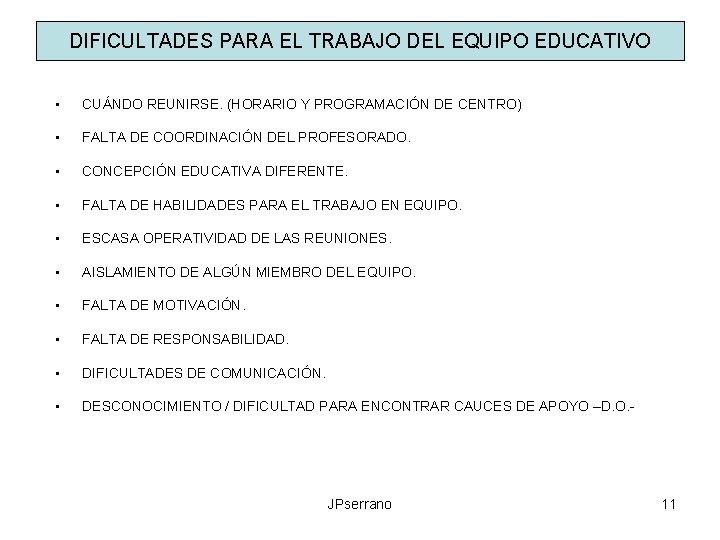 DIFICULTADES PARA EL TRABAJO DEL EQUIPO EDUCATIVO • CUÁNDO REUNIRSE. (HORARIO Y PROGRAMACIÓN DE