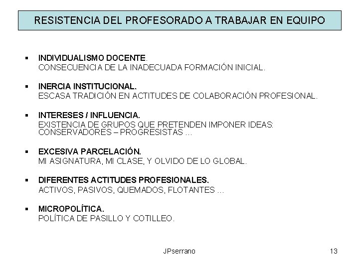 RESISTENCIA DEL PROFESORADO A TRABAJAR EN EQUIPO § INDIVIDUALISMO DOCENTE. CONSECUENCIA DE LA INADECUADA