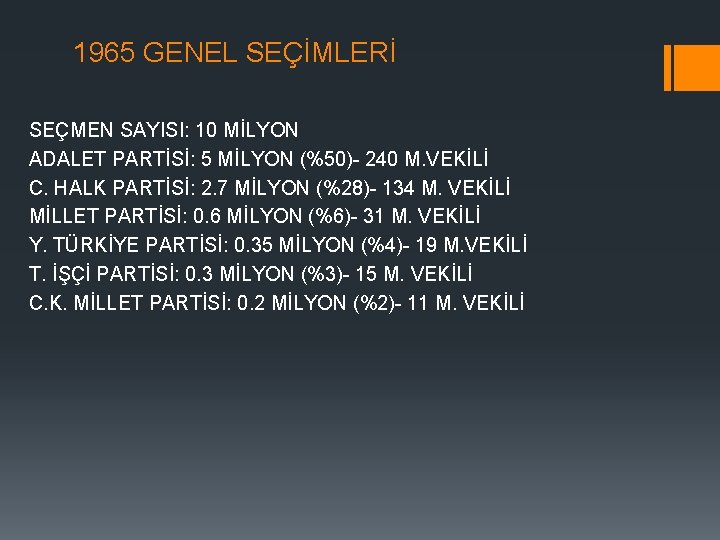 1965 GENEL SEÇİMLERİ SEÇMEN SAYISI: 10 MİLYON ADALET PARTİSİ: 5 MİLYON (%50) 240 M.