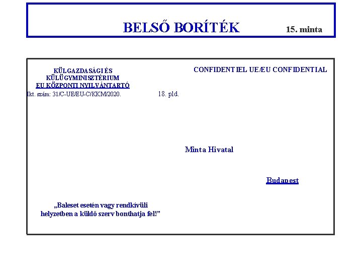 BELSŐ BORÍTÉK KÜLGAZDASÁGI ÉS KÜLÜGYMINISZTÉRIUM EU KÖZPONTI NYILVÁNTARTÓ Ikt. szám: 31/C-UE/EU-C/KKM/2020. 15. minta CONFIDENTIEL