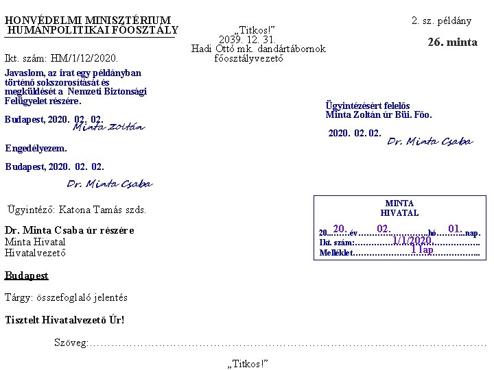 HONVÉDELMI MINISZTÉRIUM HUMÁNPOLITIKAI FŐOSZTÁLY Ikt. szám: HM/1/12/2020. 2. sz. példány „Titkos!” 2039. 12. 31.