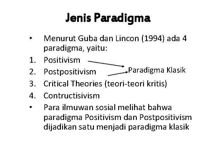 Jenis Paradigma • 1. 2. 3. 4. • Menurut Guba dan Lincon (1994) ada