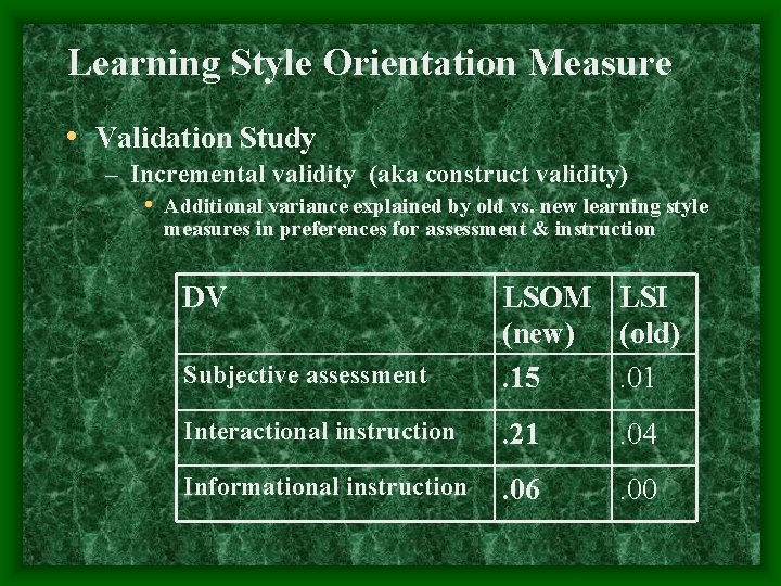 Learning Style Orientation Measure • Validation Study – Incremental validity (aka construct validity) •