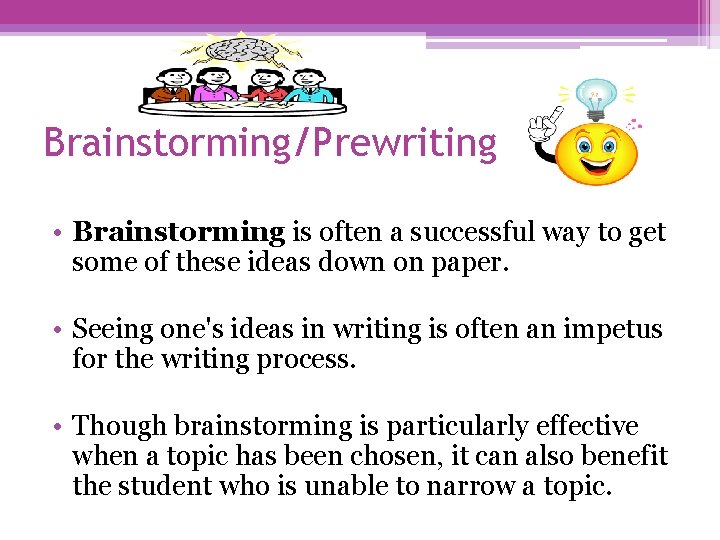 Brainstorming/Prewriting • Brainstorming is often a successful way to get some of these ideas