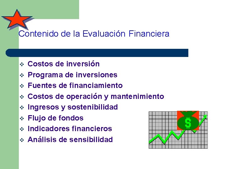 Contenido de la Evaluación Financiera v v v v Costos de inversión Programa de