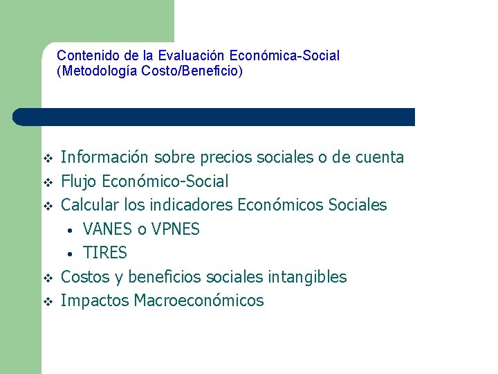 Contenido de la Evaluación Económica-Social (Metodología Costo/Beneficio) v v v Información sobre precios sociales